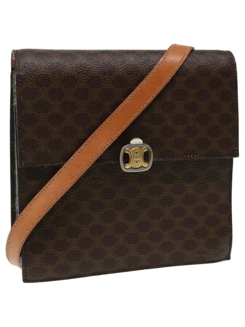 Authentic CELINE Macadam Canvas Shoulder Bag PVC Leather Brown